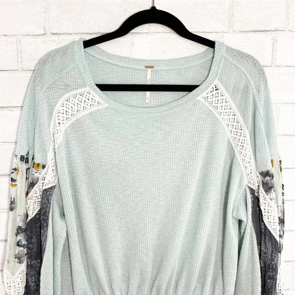 Free People Casual Clash Balloon Sleeve Thermal Top Mint Green Boho Blouse XS - Picture 2 of 7